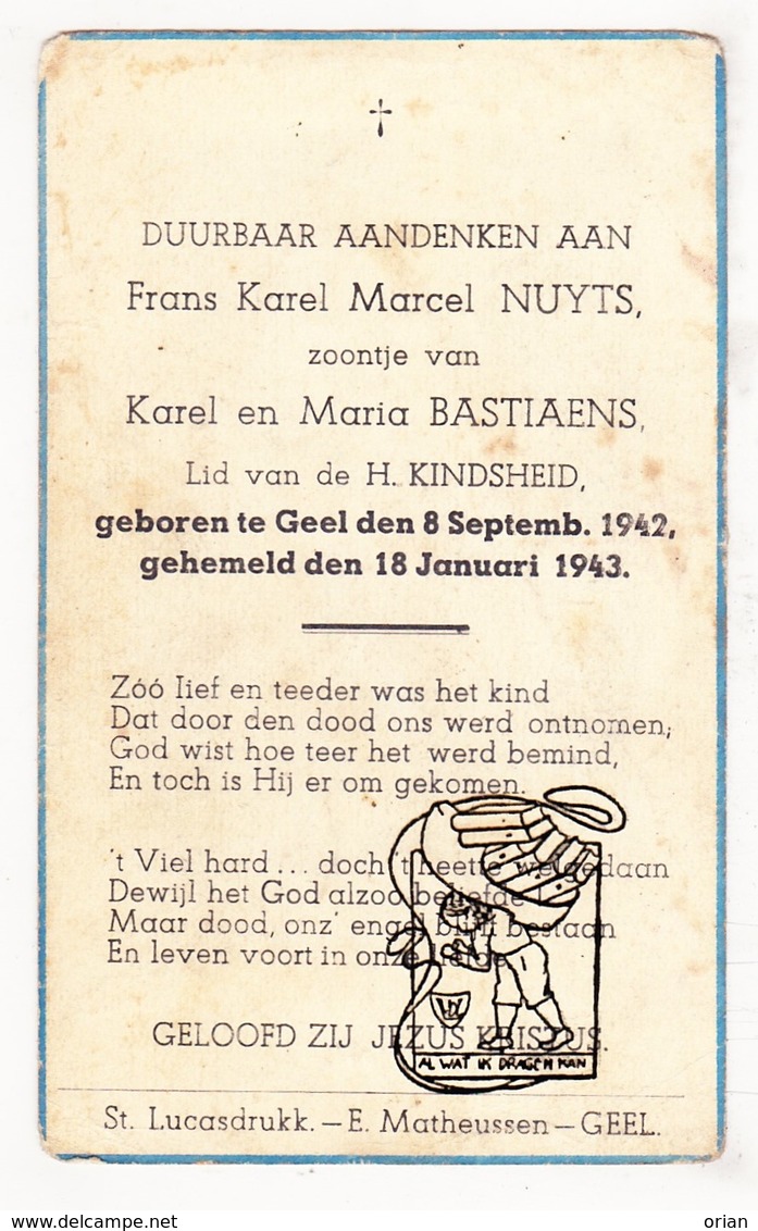 DP Frans K. Nuyts / Bastiaens ° Geel 1942 † 1943 - Images Religieuses