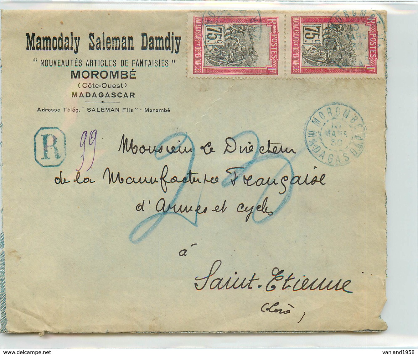 Lettre Recommandée  De MADAGASCAR  - Voyagée De Morombé à St Etienne En 1930 - Lettres & Documents