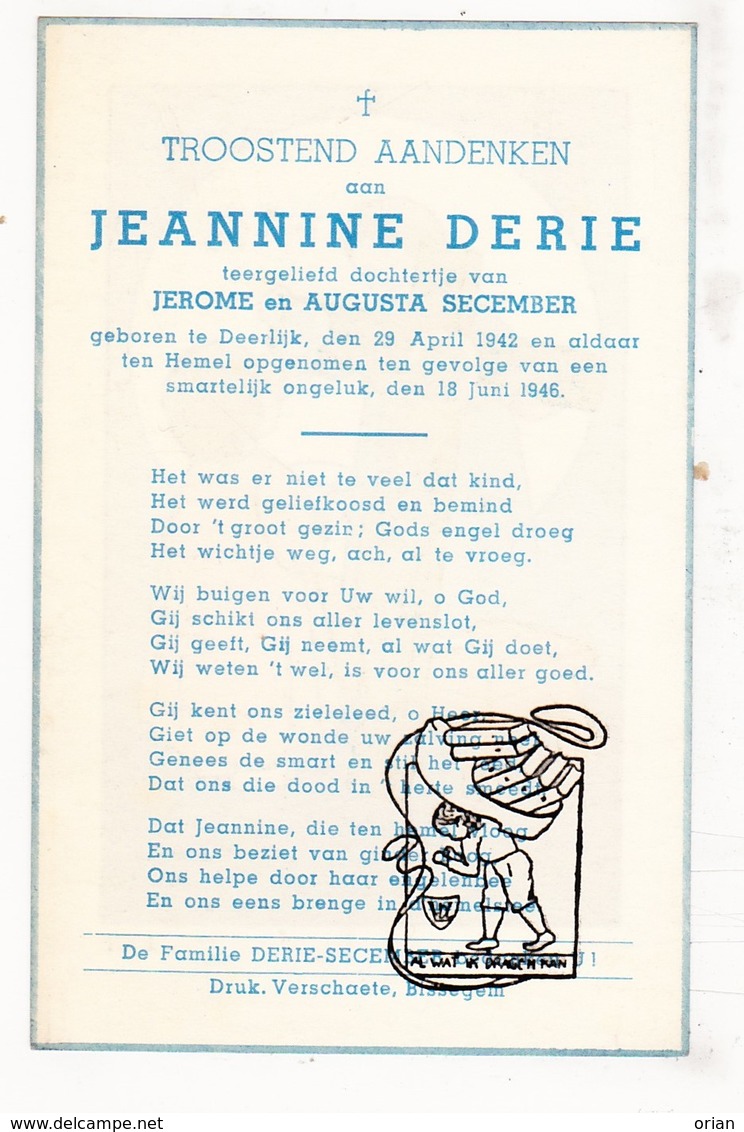 DP Jeannine Derie / Secember ° Deerlijk 1942 † 1946 - Images Religieuses