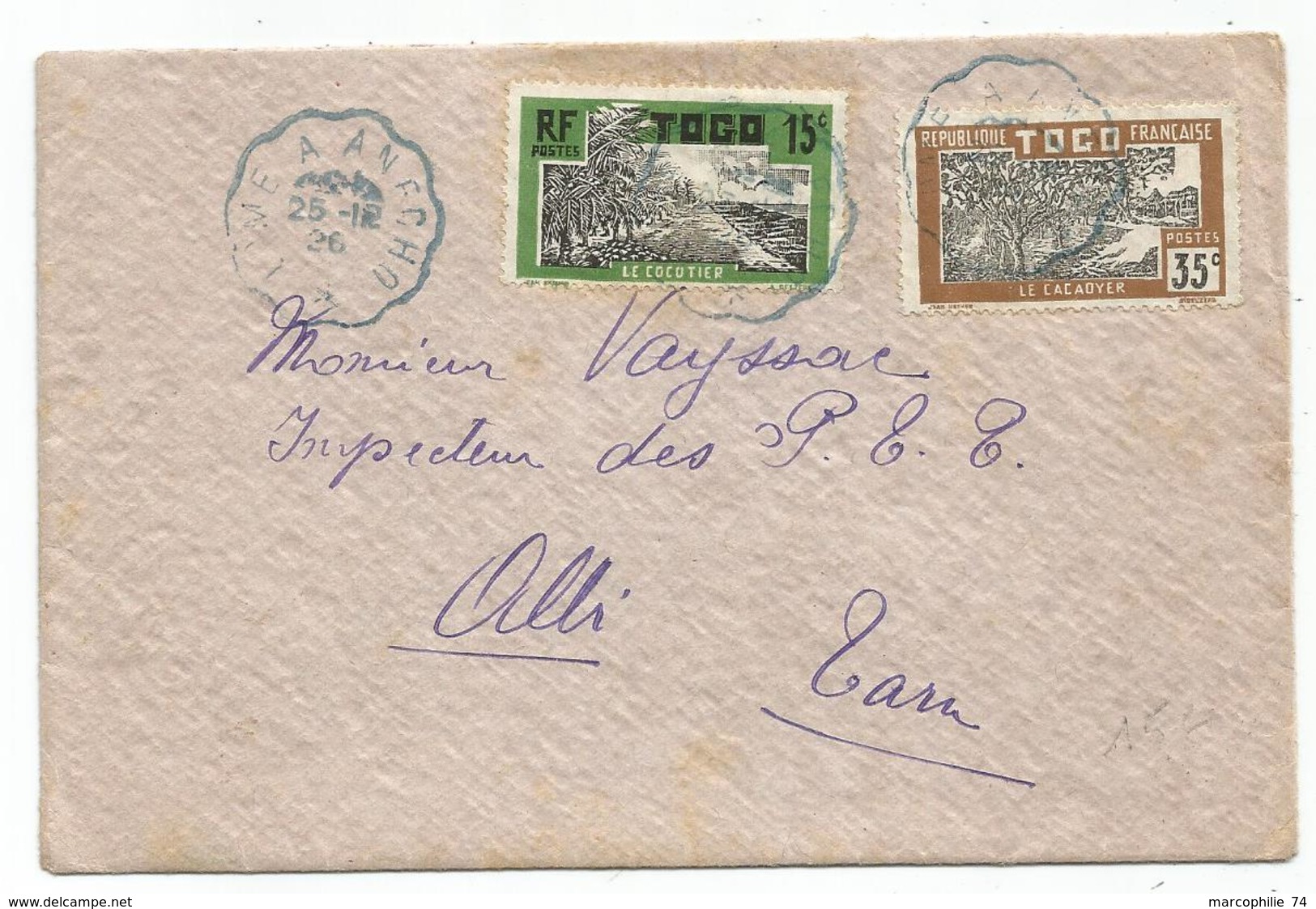 TOGO 15C+35C LETTRE CONVOYEUR LIGNE BLEU LOME ANECHO 25.12.1926 - Railway Post