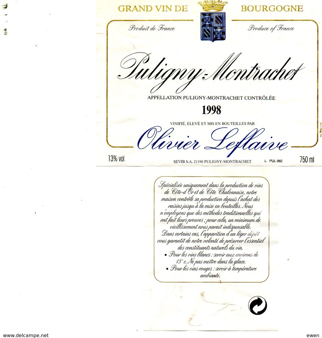 Etiquette Vin Puligny-Montrachet 1998. Olivier Leflaive. Avec Contre-étiquette. - Bourgogne