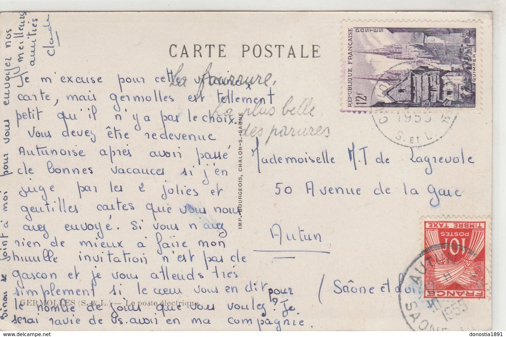 GERMOLLES - Le Poste électrique  - Timbrée 1955 + Timbre Taxe (10 F.) - Autres & Non Classés