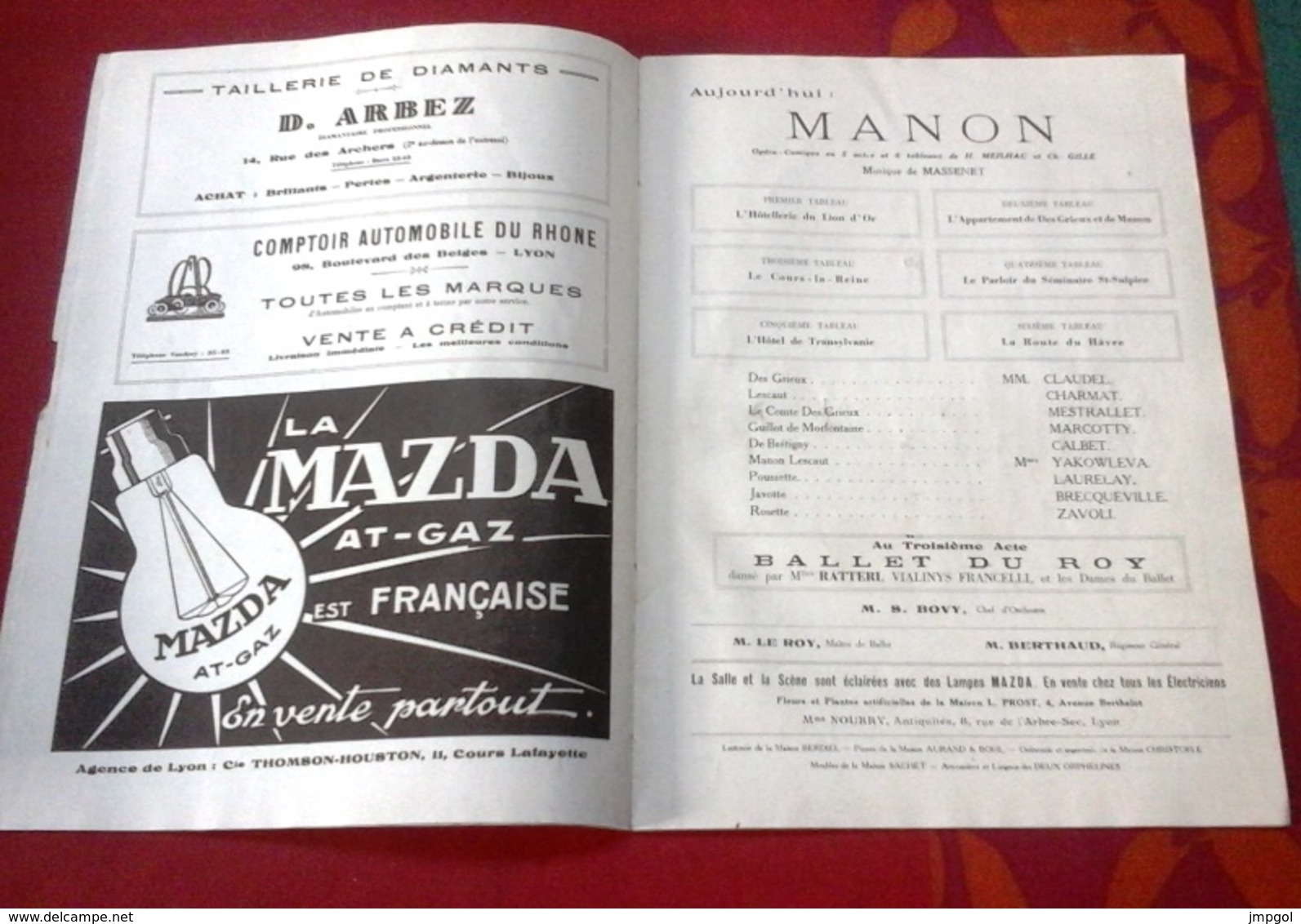 Programme Opéra Grand Théâtre Lyon Saison 1927-1928 Opéra "Manon" Jules Massenet M Claudel  Mme Yakowleva - Programs