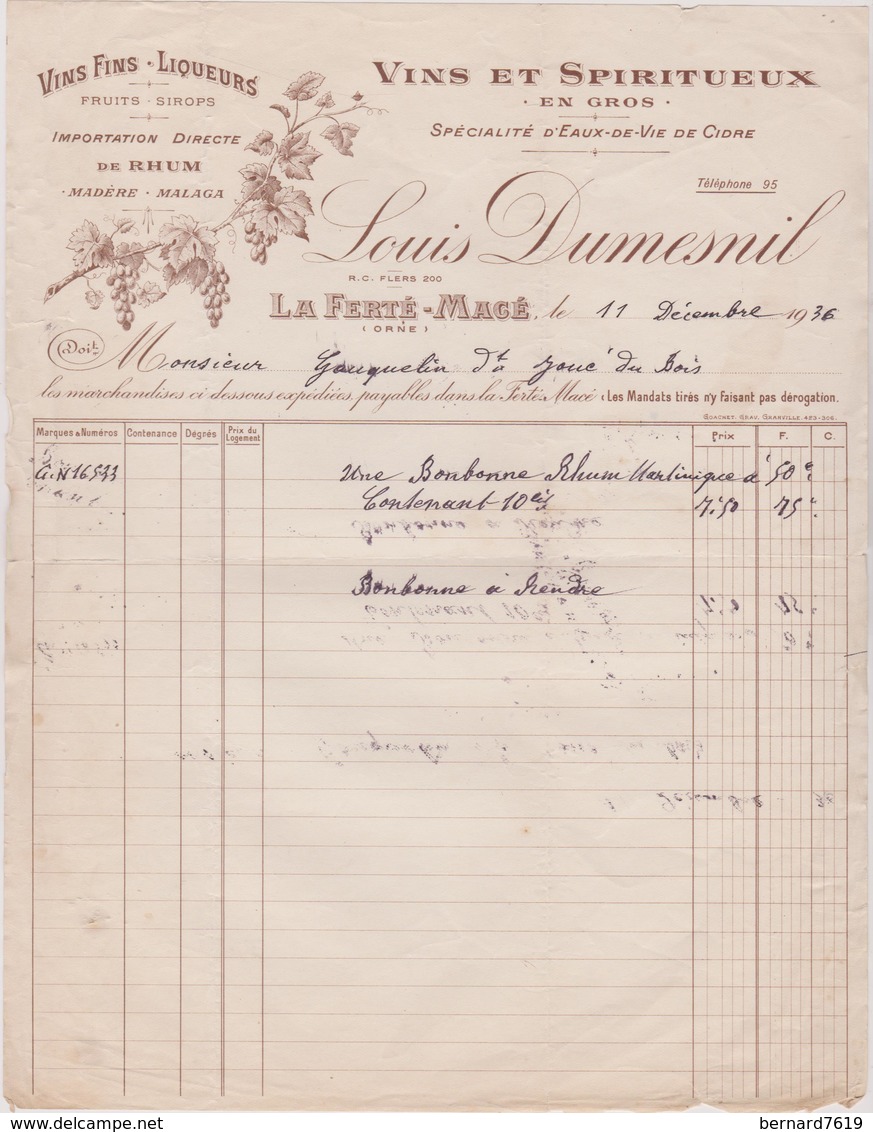 Facture 61 La Ferte Mace  Vins Spiritueux Louis Dumesnil Annee 1936 - 1800 – 1899