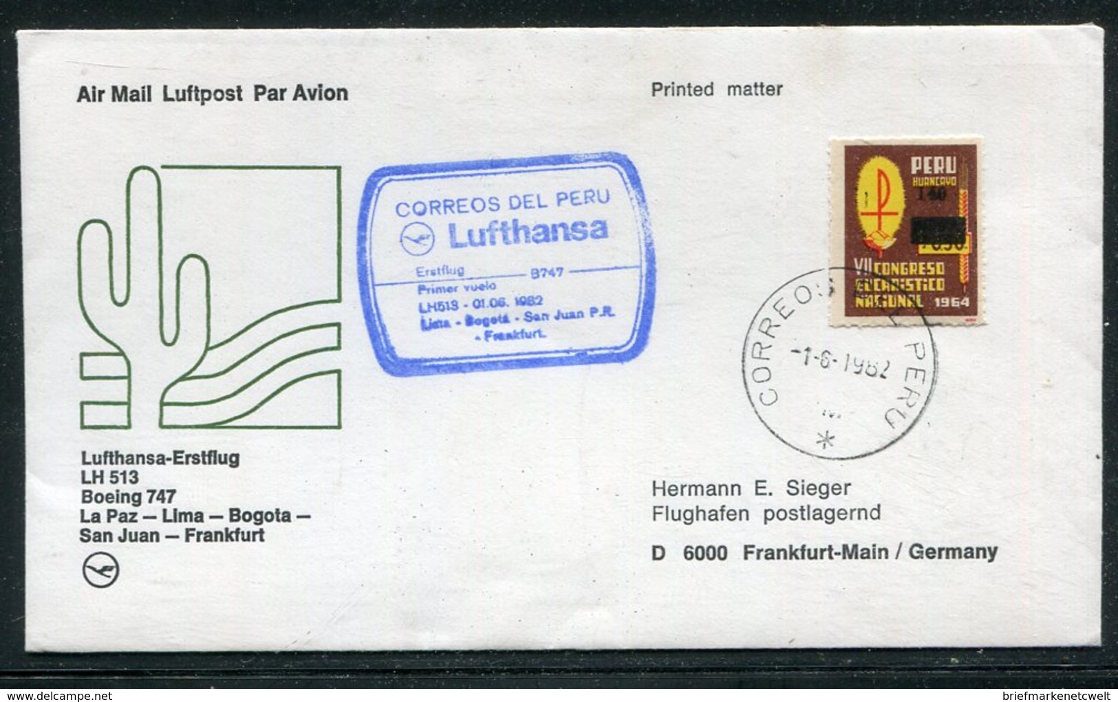 Peru / 1982 / Lufthansa-Erstflugbrief La Paz-Lima-Bogota-San Juan-Frankfurt (18388) - Peru