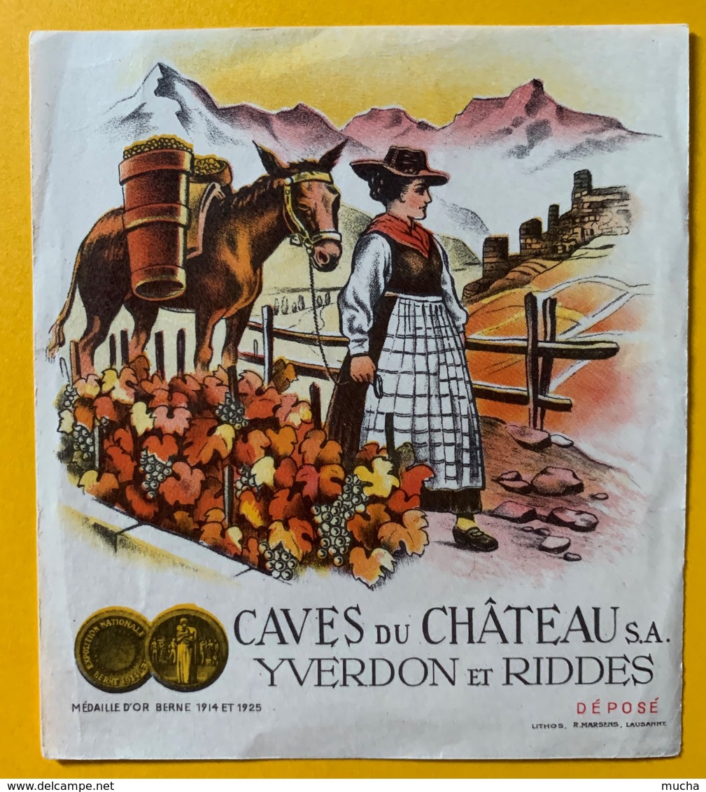 10670 - Cave Du Château Yverdon Et Riddes Valais Suisse Ancienne étiquette Valaisanne Et Mulet - Autres & Non Classés