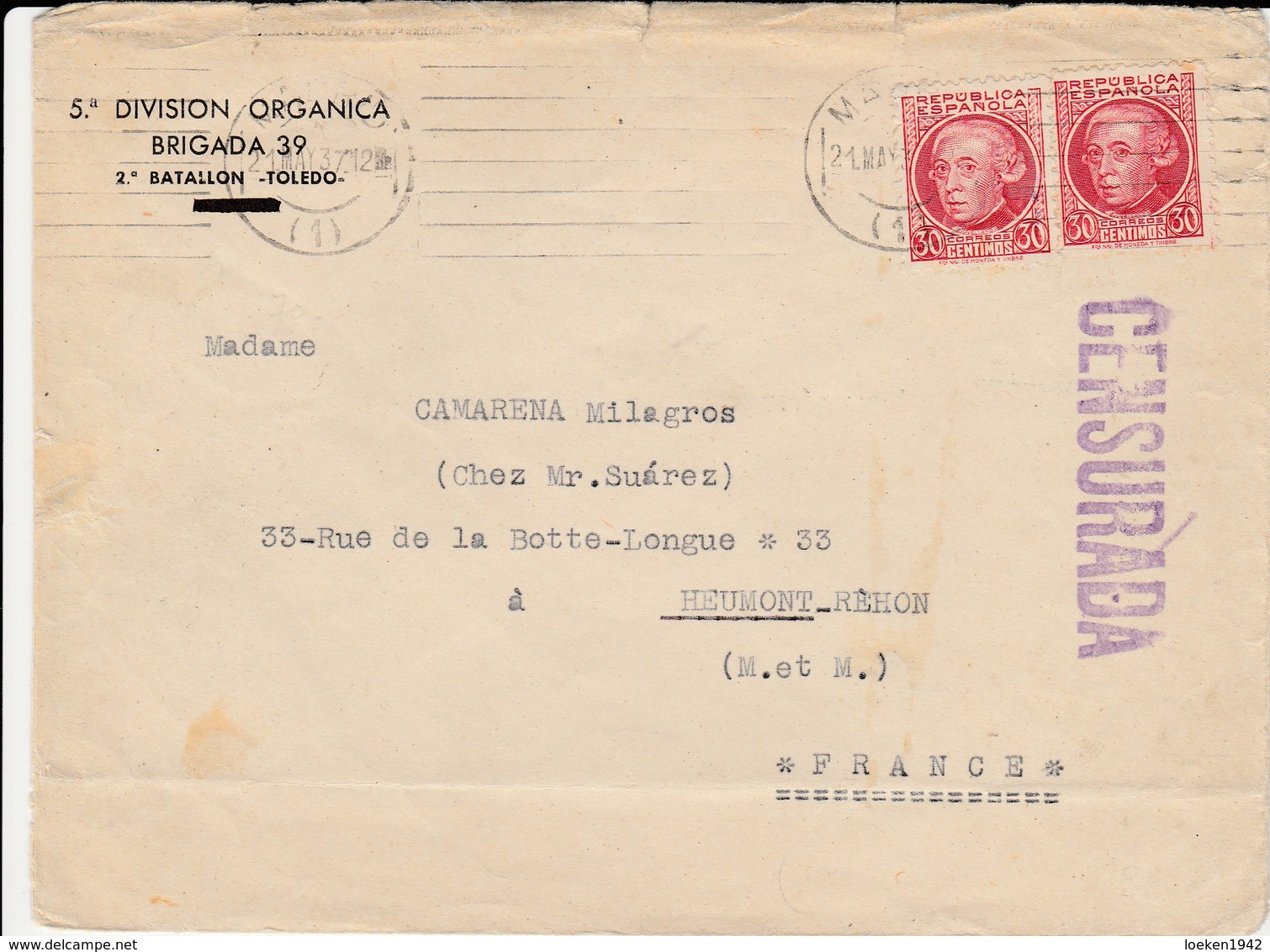 1937 SOBRE 5a DIVISION ORGANICA  BRIGADA 39 2° BATALLON TOLEDO   EL507 - Cartas & Documentos