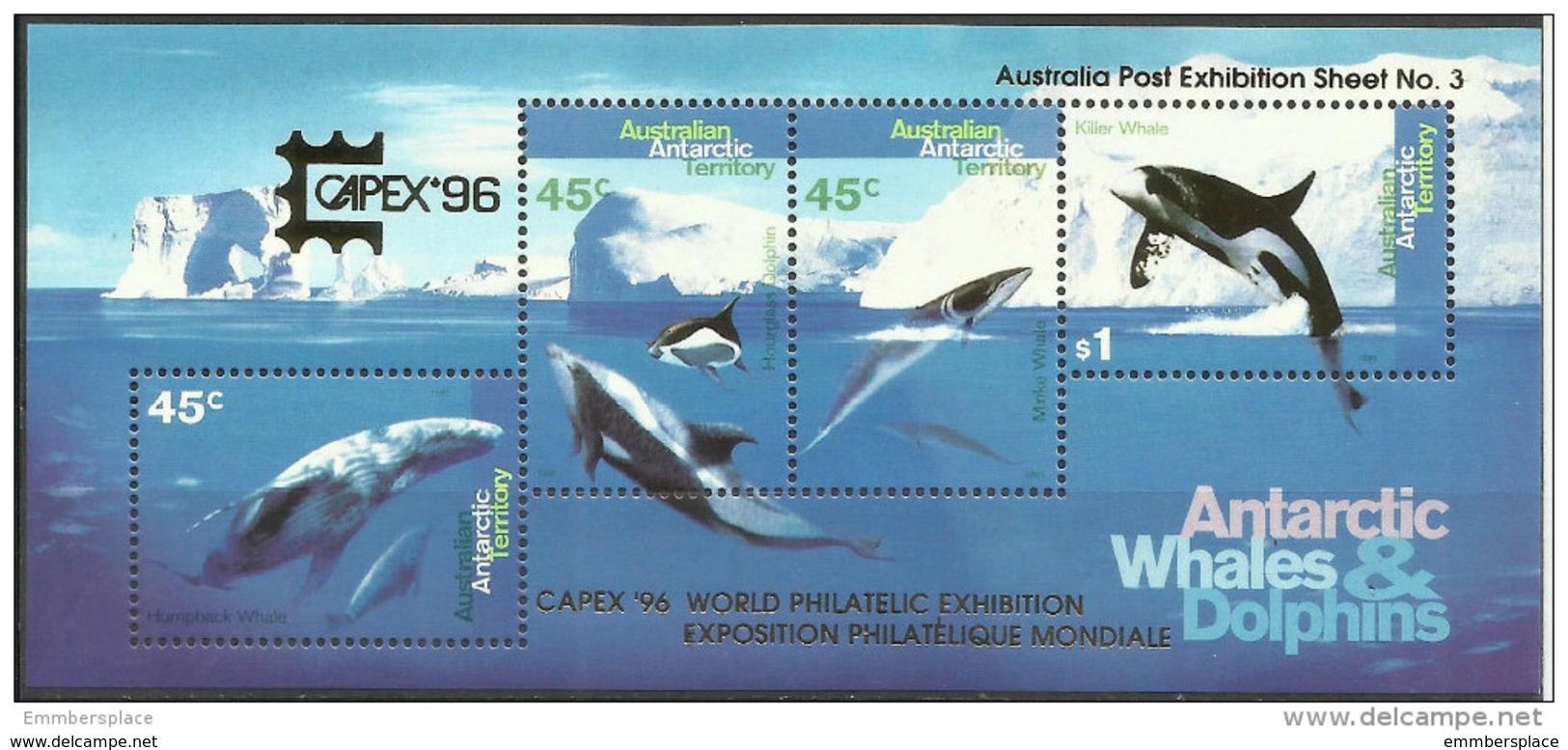 AAT - 1996 CAPEX 96 Exhibition S/sheet (Whales & Dolphins) MNH **  SG MS112b  Sc L97c - Unused Stamps