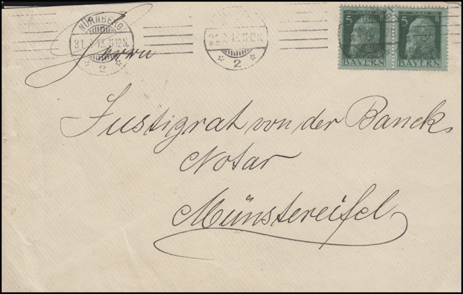 77 Luitpold 5 Pf Paar MeF Auf Fern-Brief NÜRNBERG 2 - 31.7.13 Nach Münstereifel - Sonstige & Ohne Zuordnung