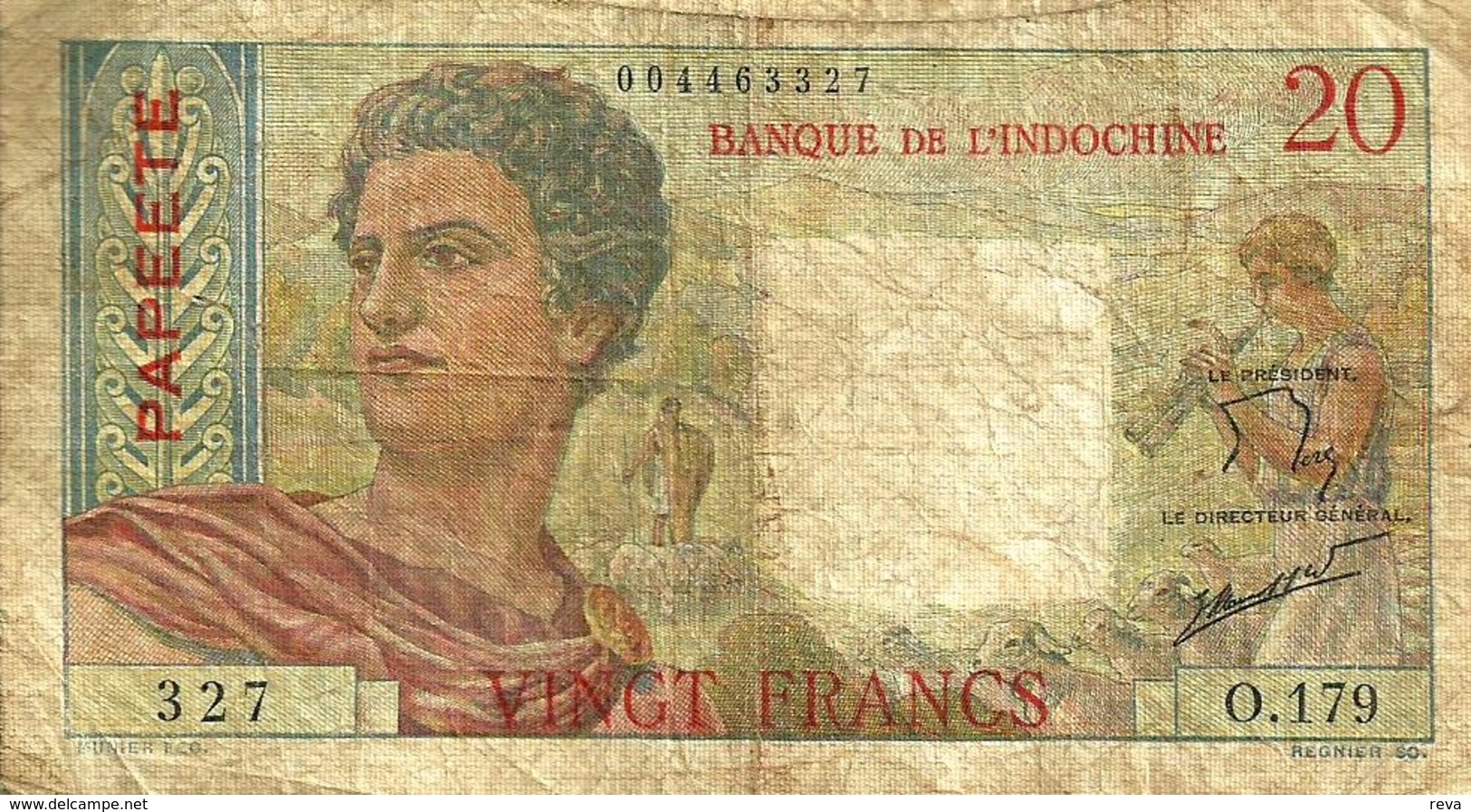 FRENCH POLYNESIA 20 FRANCS GREY MAN HEAD FRONT WOMAN BACK NOT DATED(1951) P21a 1ST SIG VARIETY F READ DESCRIPTION!! - Papeete (French Polynesia 1914-1985)