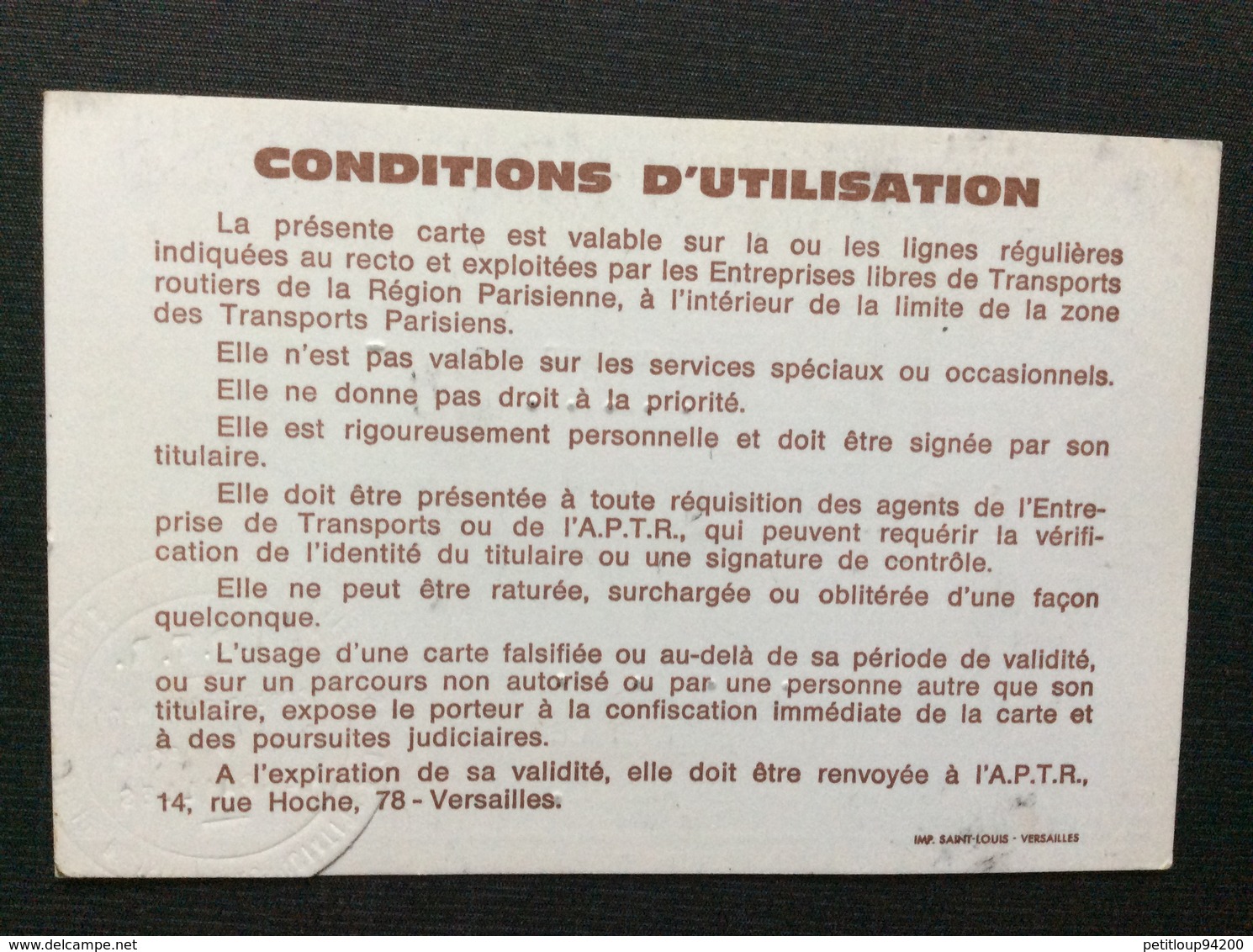 APTR  Carte De Circulation  ANNÉE 1972 - Autres & Non Classés