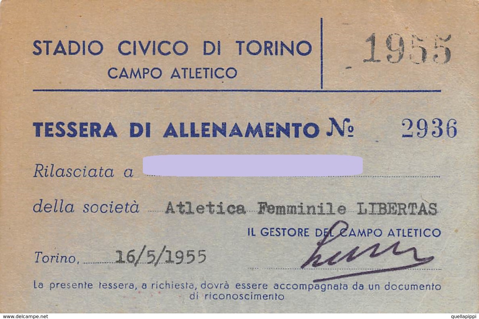 D9326 " STADIO CIVICO DI TORINO - CAMPO ATLETICO - TESSERA DI ALLENAMENTO 1955 NR. 2936" TESSERA ORIGINALE - Biglietti D'ingresso