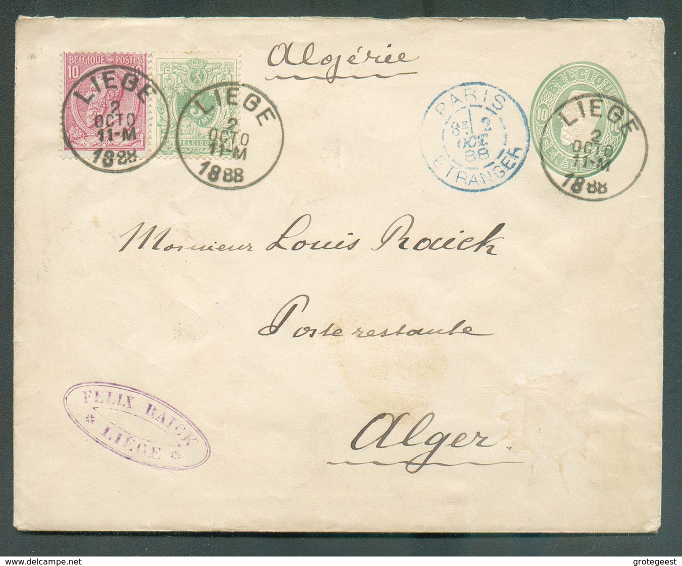 E.P. Enveloppe 10 Centimes Em. 1869 + Tp N°45-46, Obl. Sc LIEGE Du 2 Octobre 1888 Vers Alger (Algérie).  - 14205 - Buste