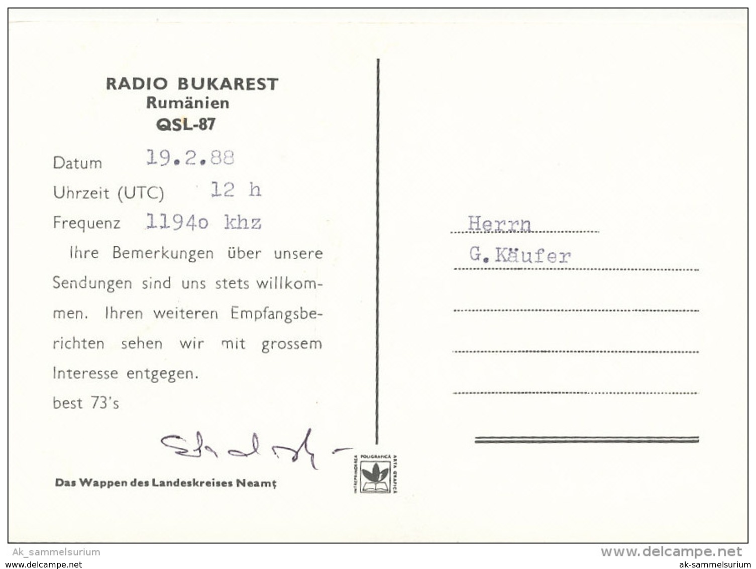 QSL: Radio Bukarest / Rumänien (D-A166) - Radio