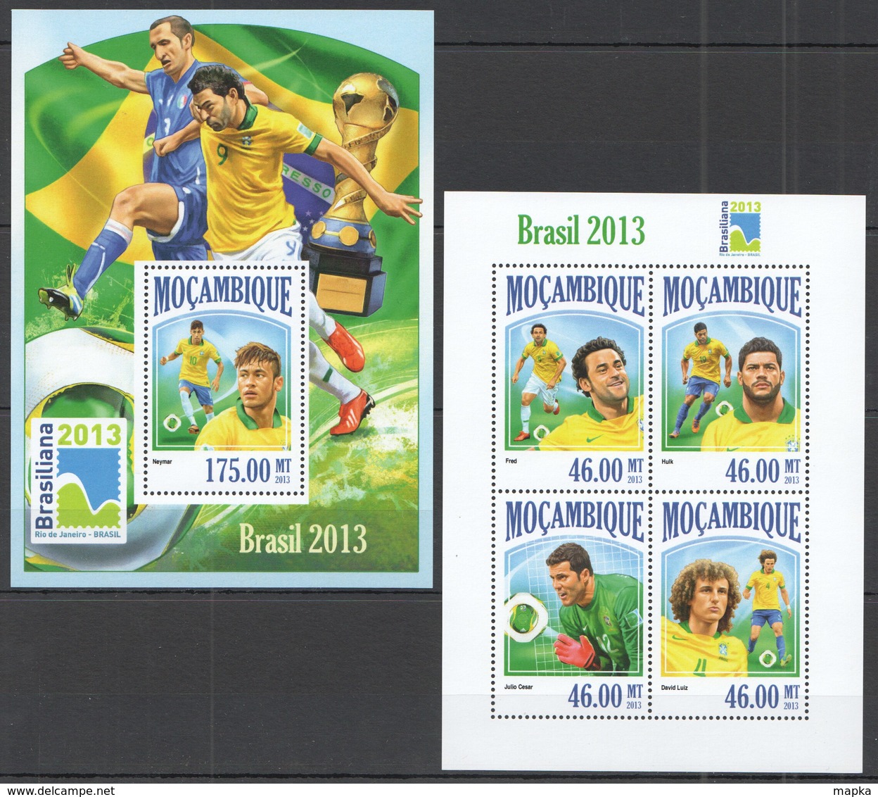 ST2513 2013 MOZAMBIQUE MOCAMBIQUE SPORT FOOTBALL BRAZIL NATIONAL TEAM NEYMAR HULK KB+BL MNH - 2014 – Brasile