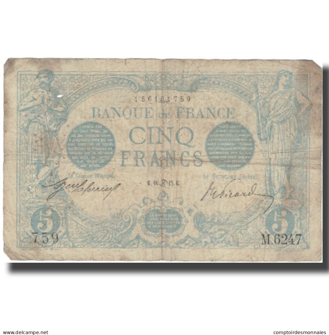 France, 5 Francs, Bleu, 1915, 1915-06-16, B, Fayette:2.28, KM:70 - 5 F 1912-1917 ''Bleu''