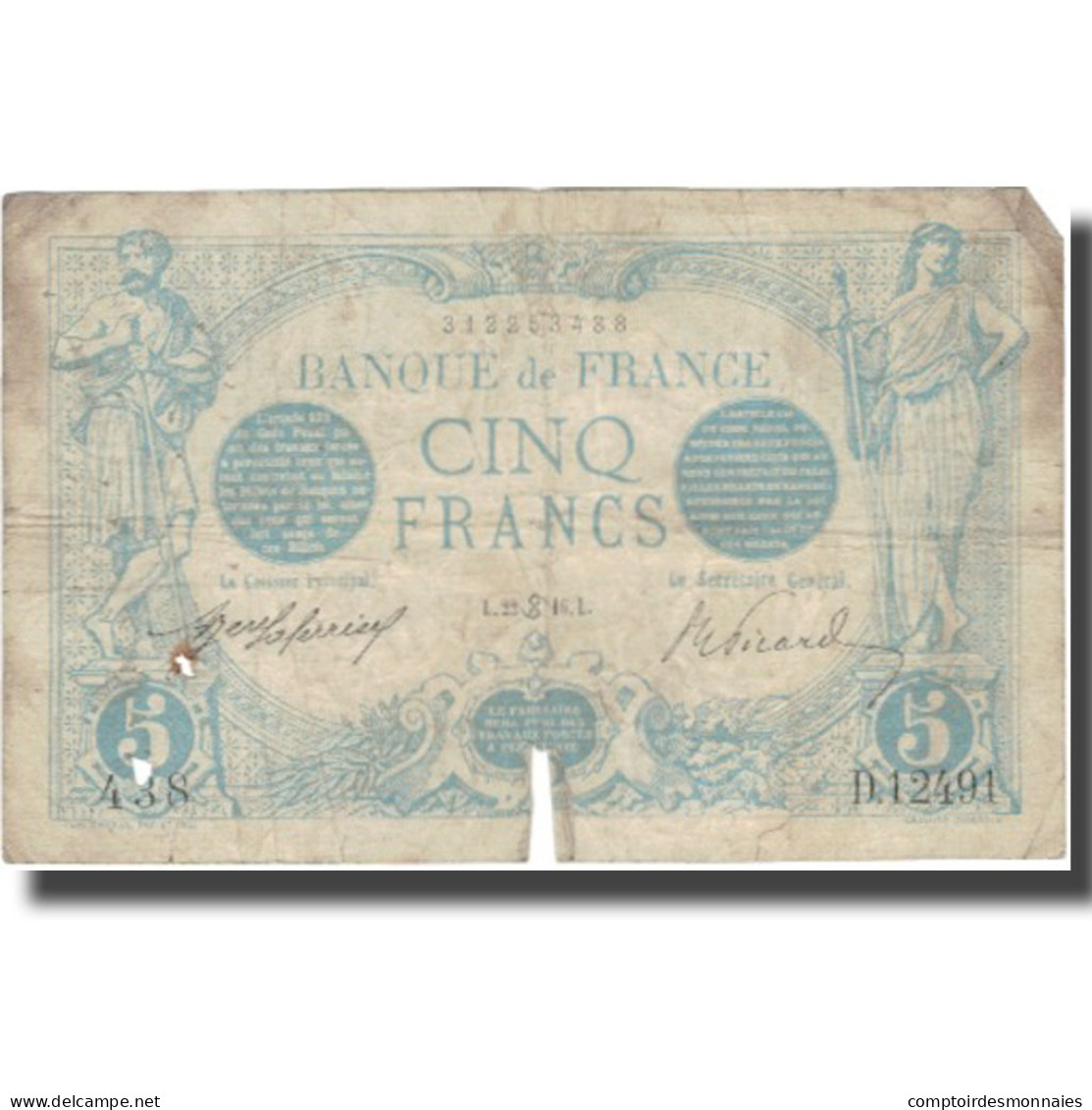 France, 5 Francs, Bleu, 1916, 1916-06-22, B, Fayette:2.40, KM:70 - 5 F 1912-1917 ''Bleu''