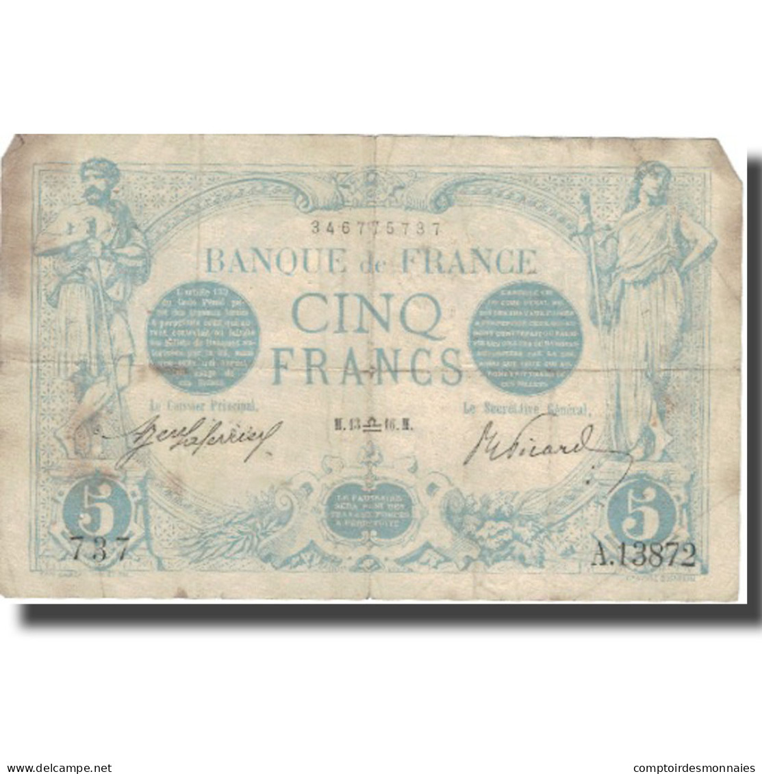 France, 5 Francs, Bleu, 1916, 1916-09-13, B+, Fayette:2.43, KM:70 - 5 F 1912-1917 ''Bleu''