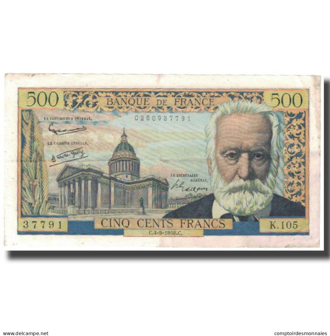 France, 500 Francs, Victor Hugo, 1958, 1958-09-04, TB, Fayette:35.10, KM:133b - 500 F 1954-1958 ''Victor Hugo''