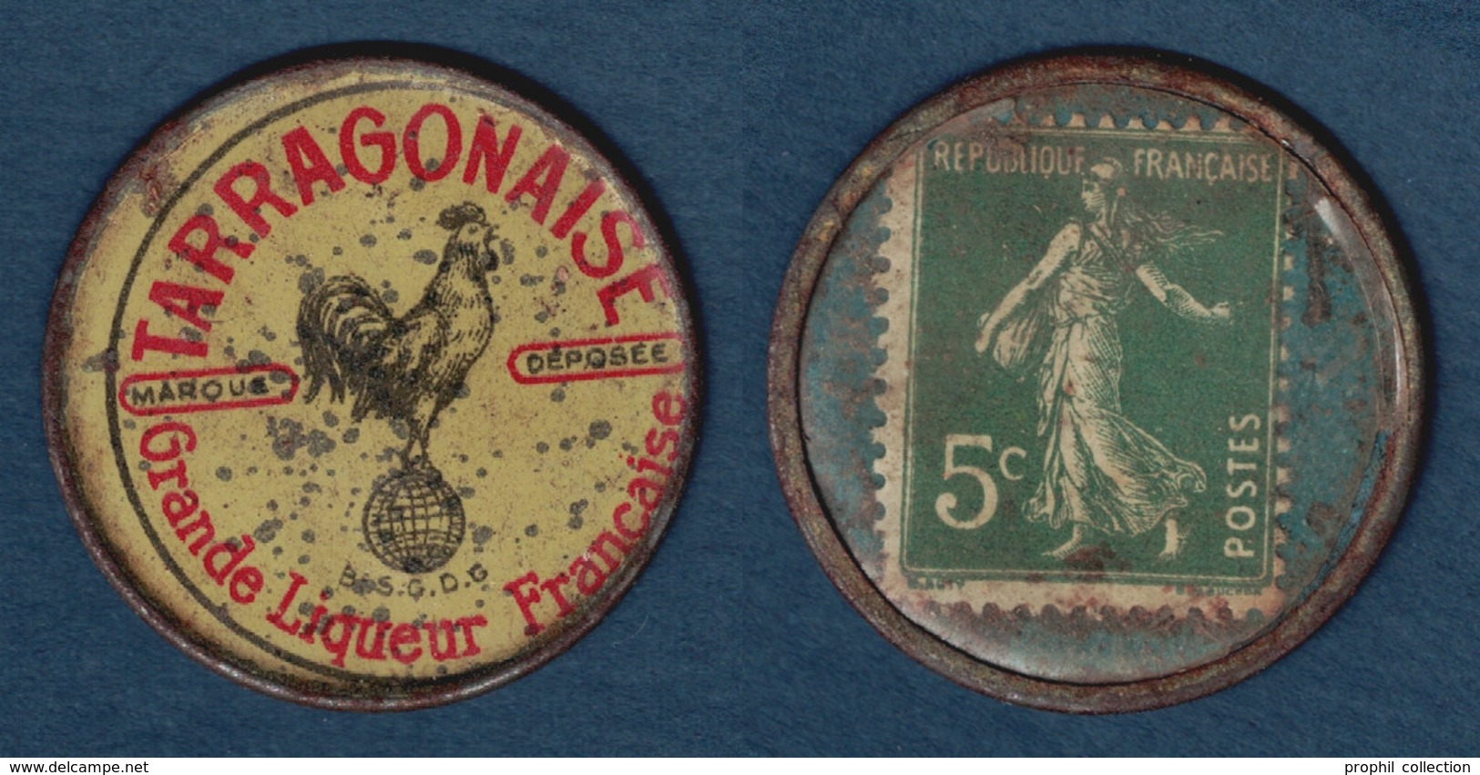 RARE TIMBRE MONNAIE " LA TARRAGONAISE GRANDE LIQUEUR FRANÇAISE " Avec SEMEUSE 5c VERT (FOND TURQOISE) ALCOOL - Autres & Non Classés