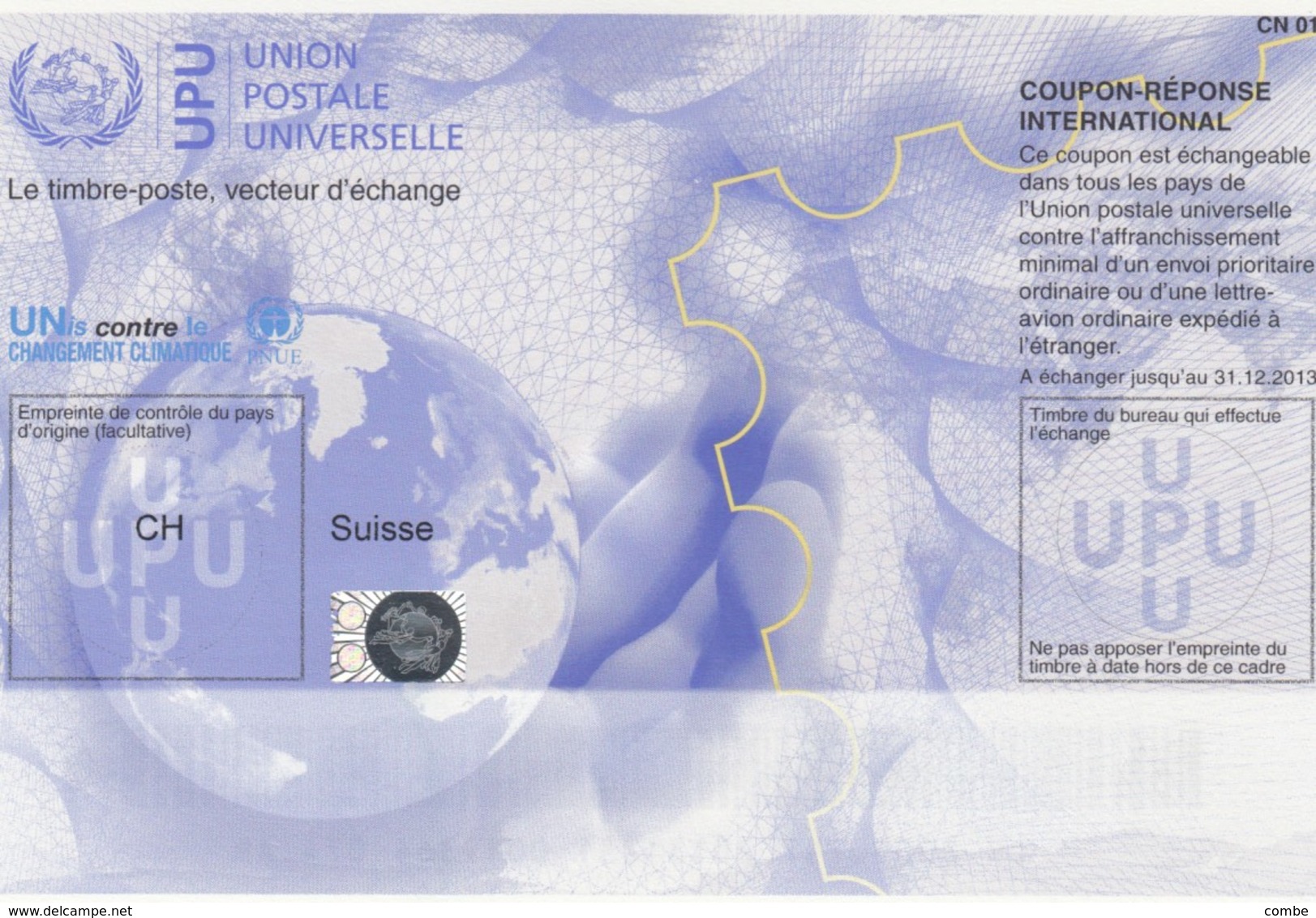 SUISSE COUPON REPONSE NEUF. UPU UNIS CONTRE LE CHANGEMENT CLIMATIQUE - Entiers Postaux