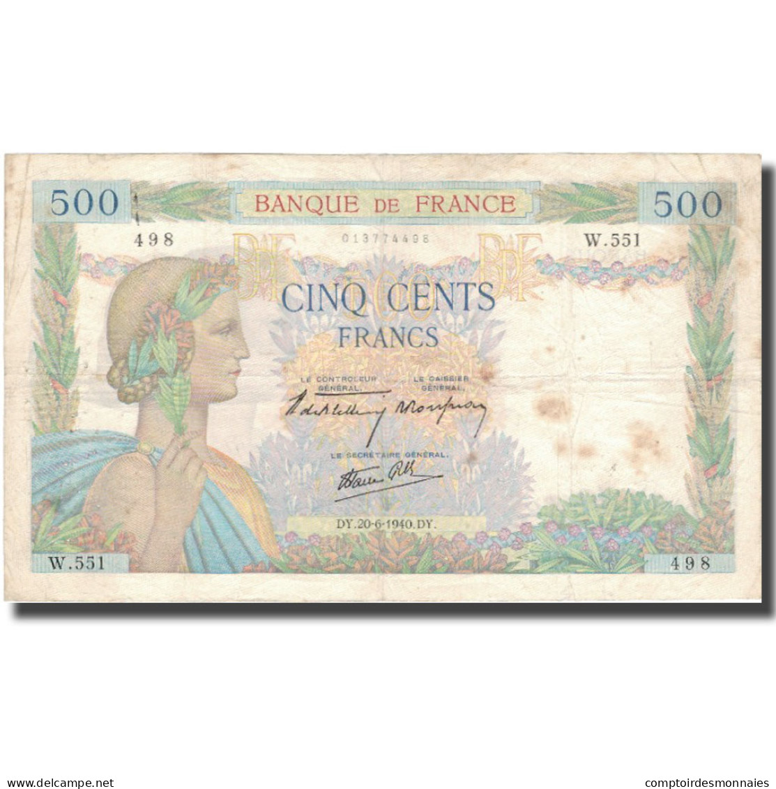 France, 500 Francs, La Paix, 1940, 1940-06-20, TB, Fayette:32.3, KM:95a - 500 F 1940-1944 ''La Paix''