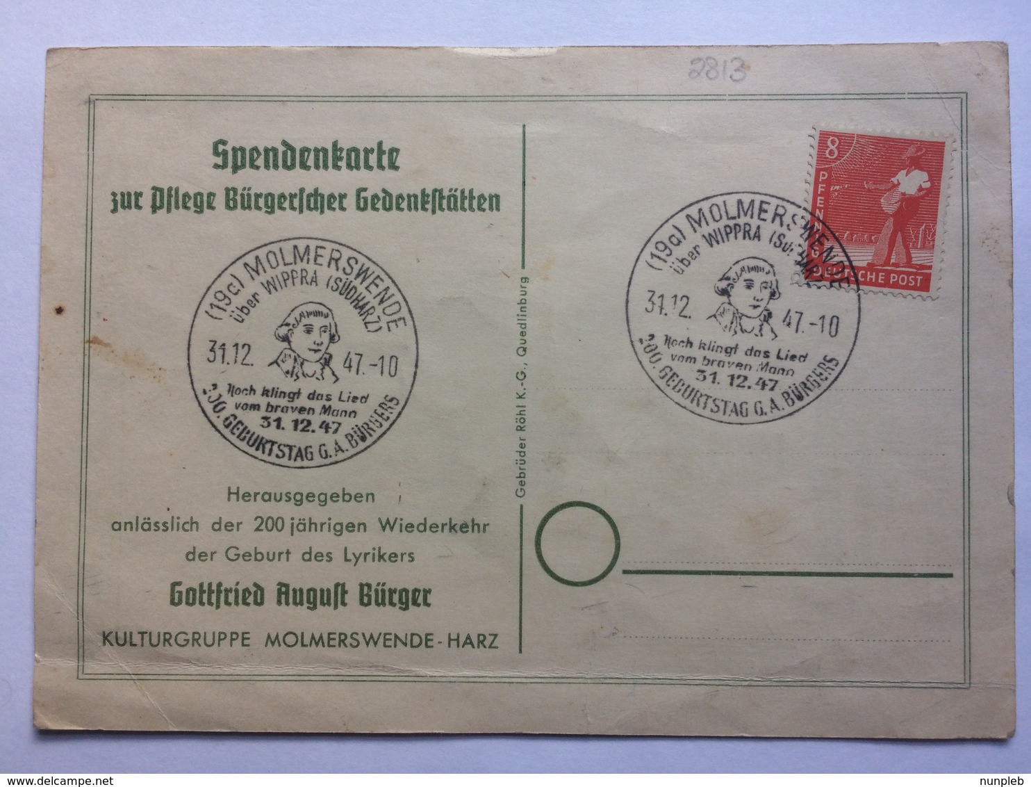 GERMANY Allied Occupation 1947 `spendenkarte Zur Pflege Burgerischer Gedenkstätten` Molmerswende Sonderstempels - Other & Unclassified