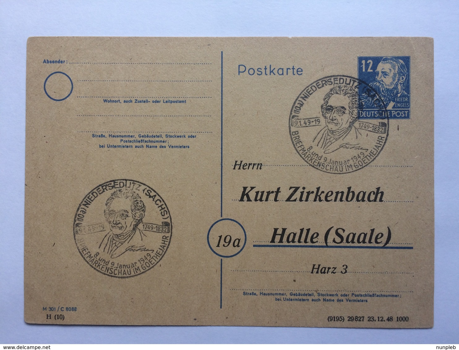 GERMANY Allied Occupation 1949 Postcard To Halle With Niedersedlitz - Goethe Handstamps Sonderstempels - Other & Unclassified