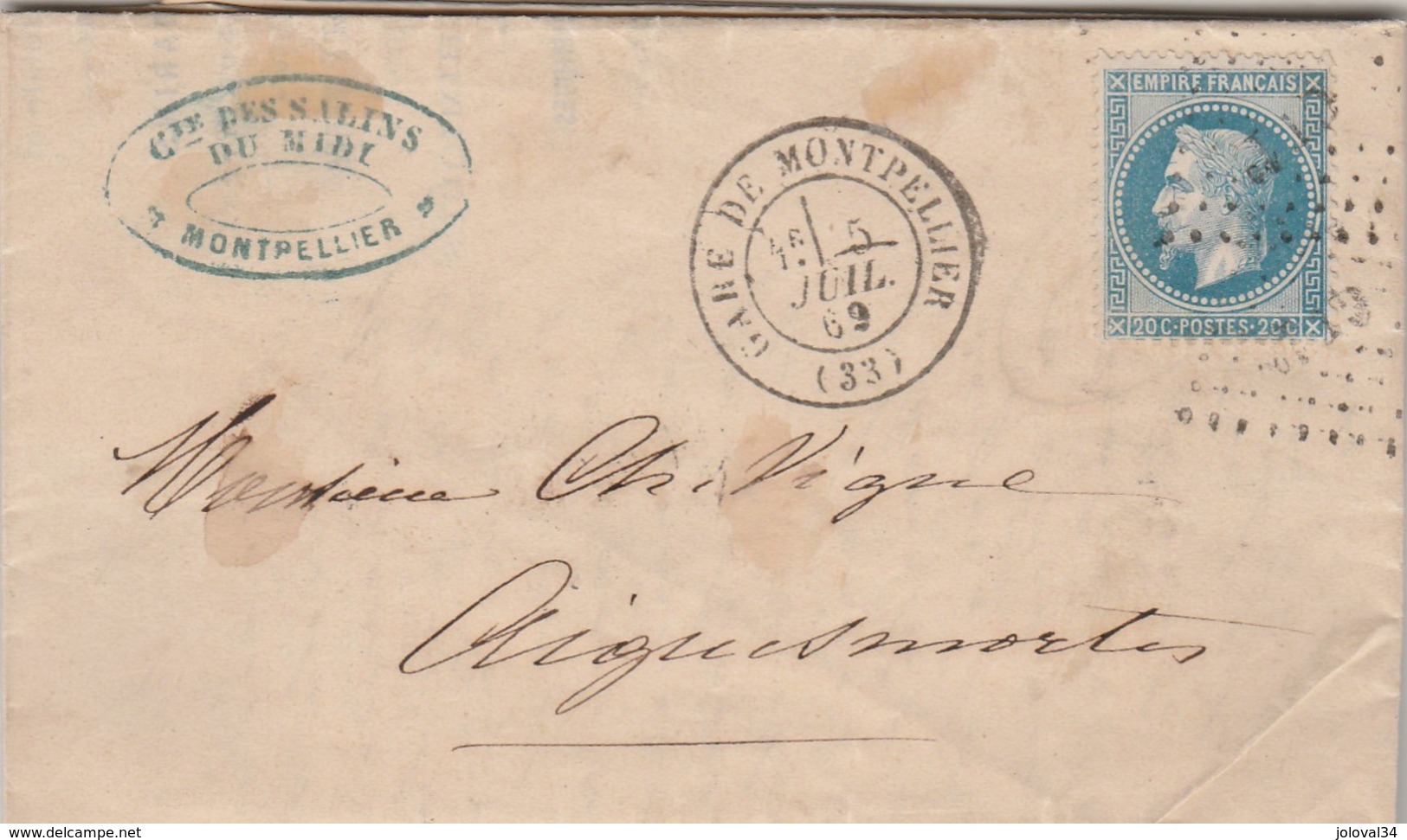 Yvert 29B Lettre Salins Midi Cachet GARE De MONTPELLIER Hérault  5/7/1869 Losange CT à Aigues Mortes Gard - 1849-1876: Classic Period