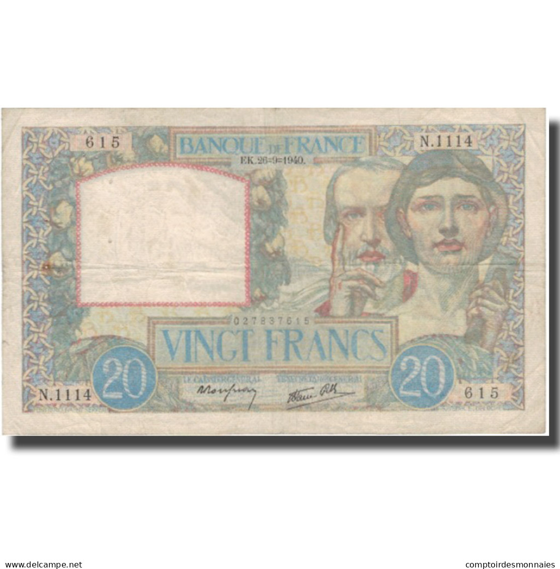 France, 20 Francs, Science Et Travail, 1940, 1940-10-26, TB+, Fayette:12.7 - 20 F 1939-1942 ''Science Et Travail''
