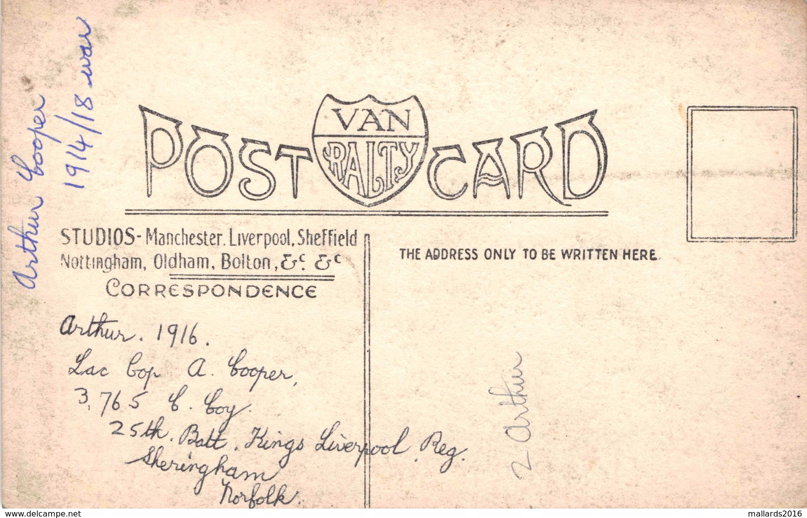 WW1 - KINGS LIVERPOOL REGT - ARTHUR COOPER - PORTRAIT POSTCARD #93024 - Liverpool