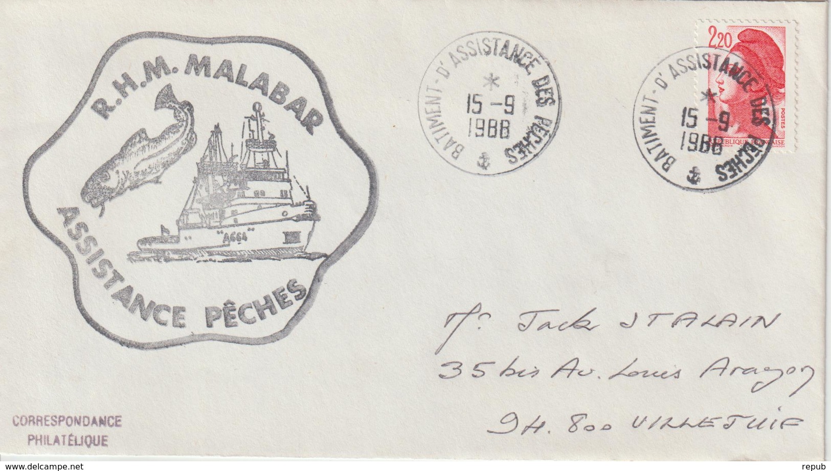 France RHM Malabar Assistance Des Peches 1988 - Scheepspost