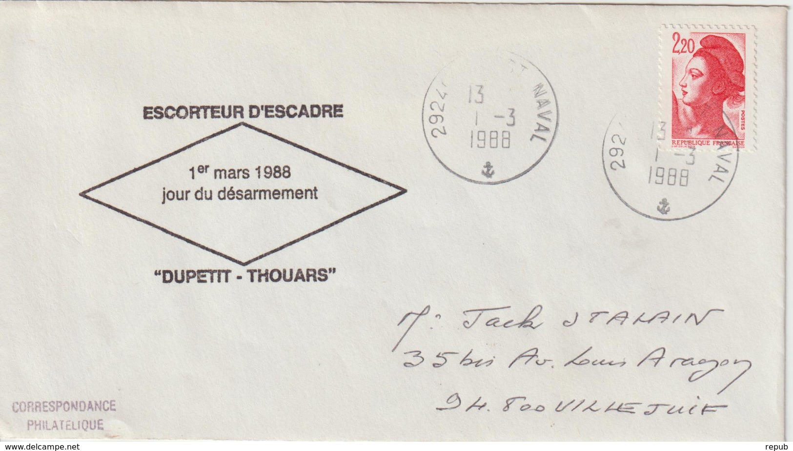 France Escorteur Dupetit-Thouars Brest 1988 - Scheepspost