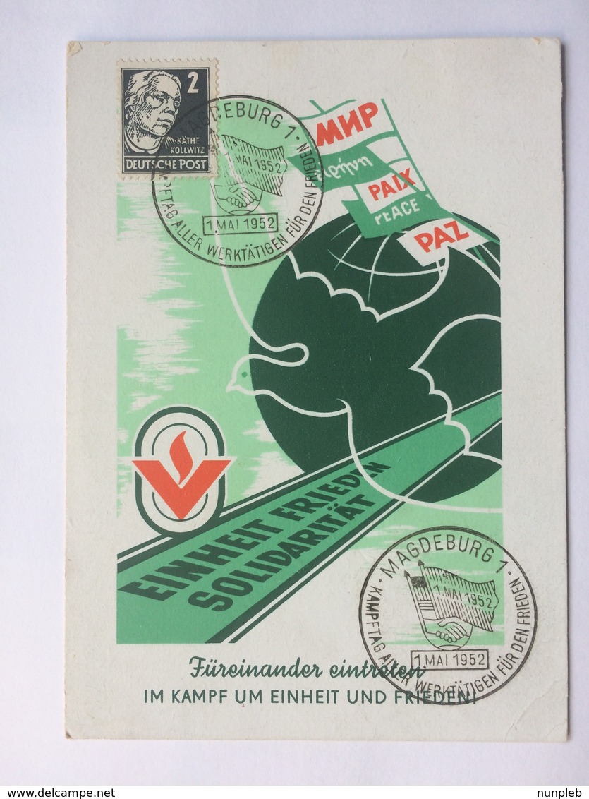 GERMANY Allied Occupation 1952 Illustrated Postcard Magdeburg Handstamp `Einheit Frieden Solidaritat` - Covers & Documents