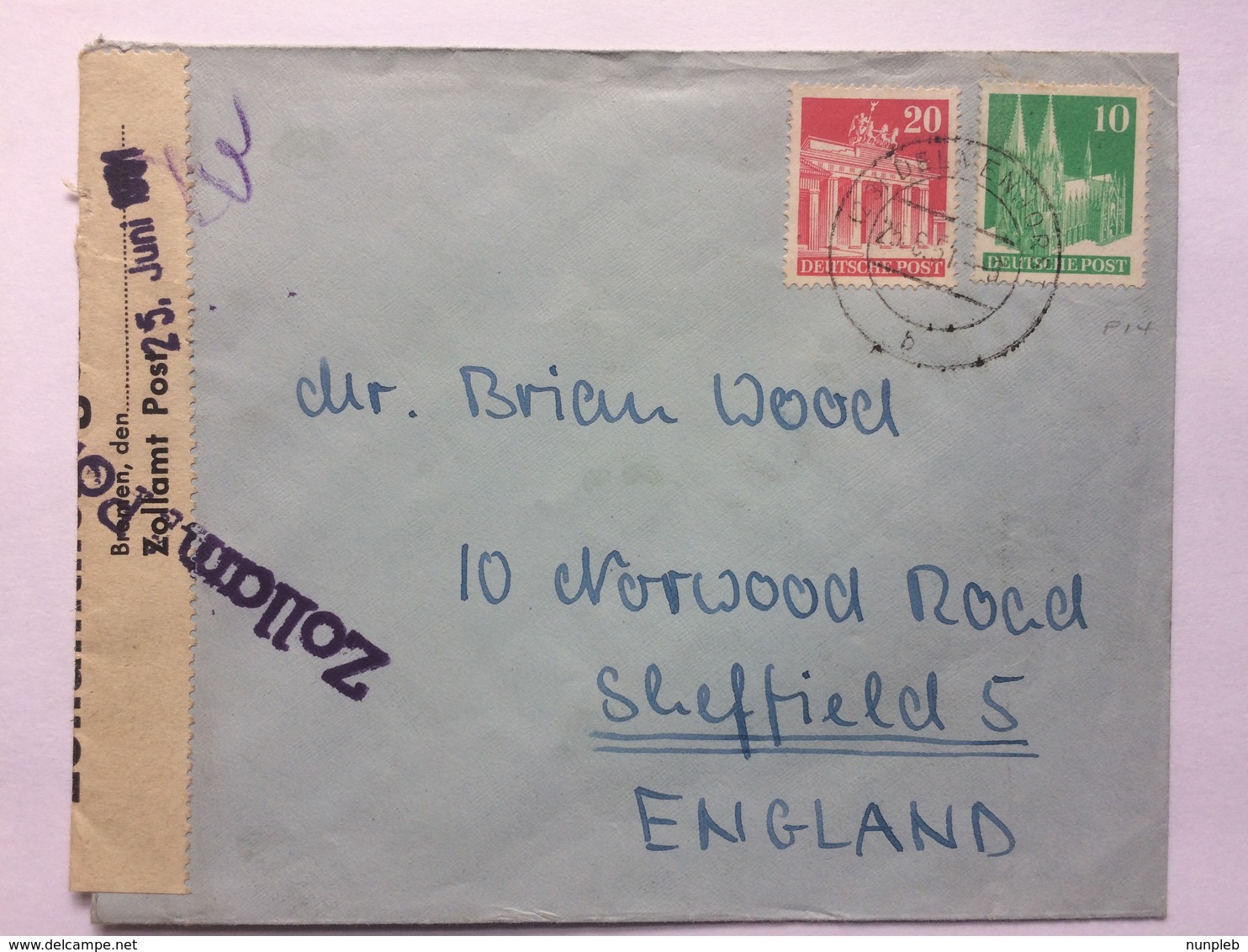 GERMANY Allied Occupation Cover Delmenhorst To Sheffield England With Zollam Post Cachet And Zollamt Post Censor Tape - Other & Unclassified