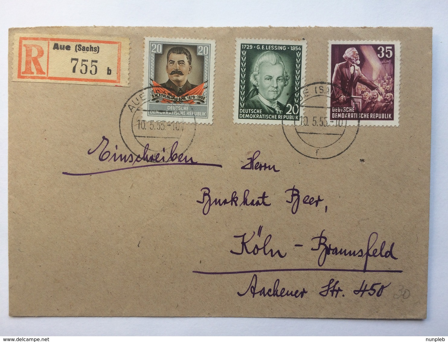 GERMANY 1955 DDR Cover Registered Aue To Koln Cologne - Covers & Documents