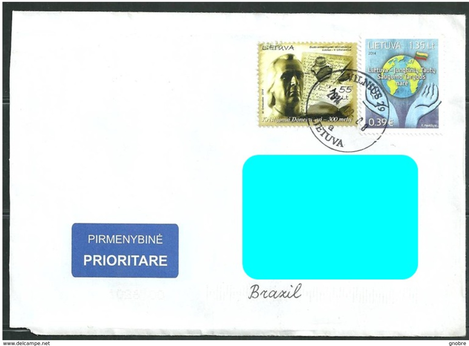 LITHUANIA To Brazil Cover Sent In 2014 With 02 Topical Stamps World Eath Hands Ink (GN 0177) - Lituania