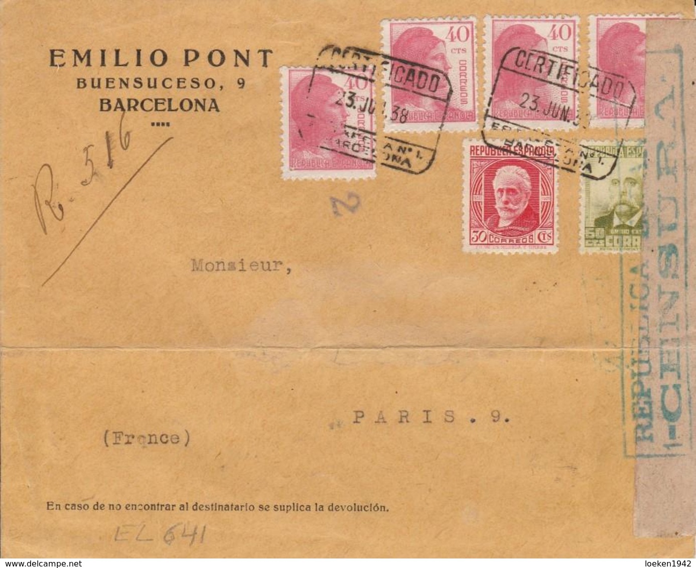 1938 Lettre Recommandée De BARCELONA à PARIS  EL641 - Cartas & Documentos