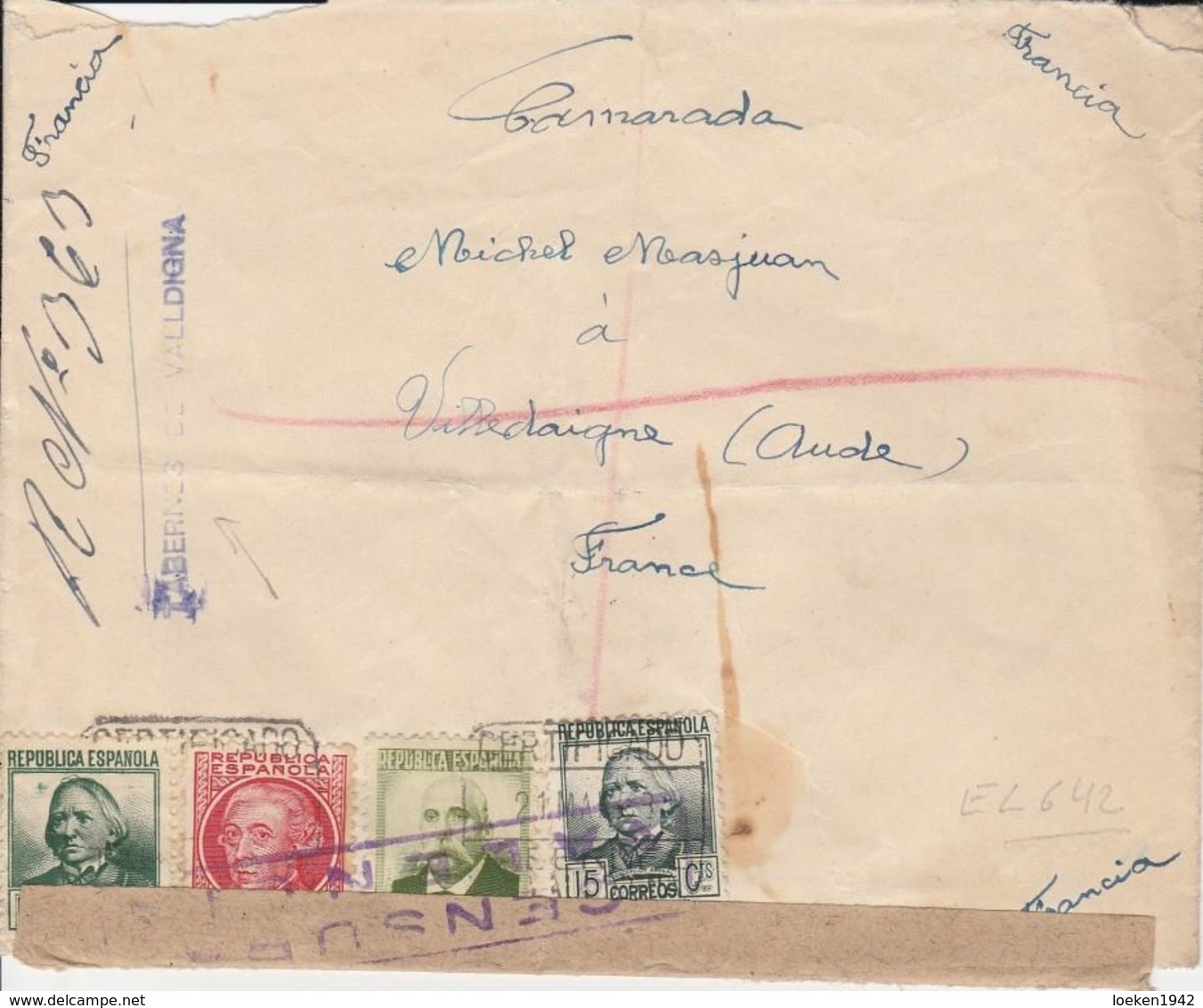 1938 LR De TABERNAS DE VALDIGNA à VILLEDAIGNE   EL642 - Cartas & Documentos