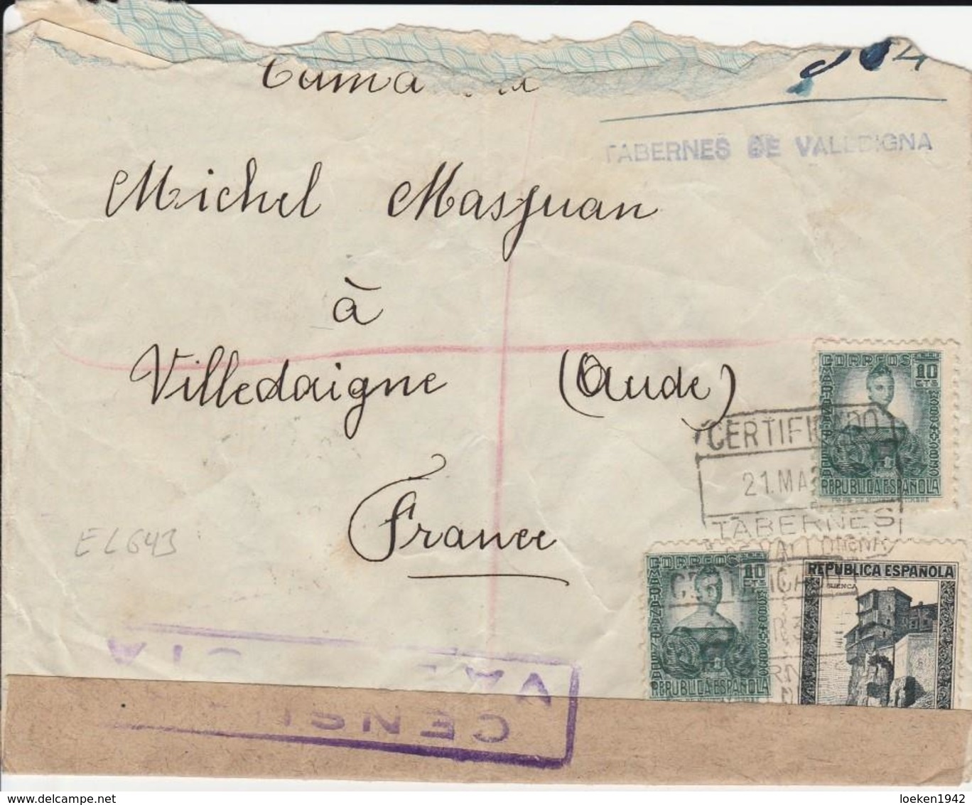 1938 LR De TABERNAS DE VALLDIGNA à VILLEDAIGNE   EL643 - Cartas & Documentos