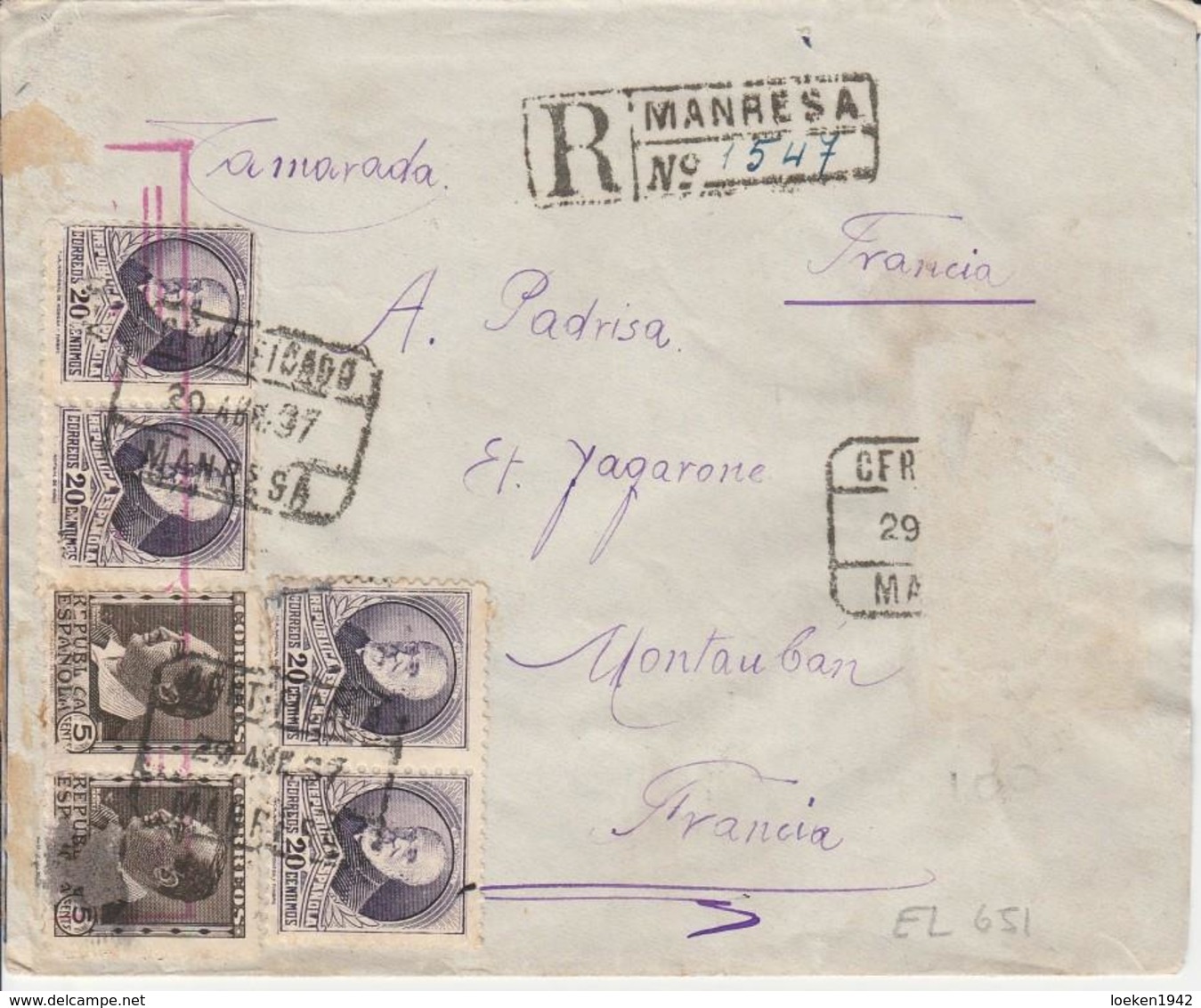 1937 LR De MANRESA à MONTAUBAN  Censure De Barcelone    EL651 - Cartas & Documentos