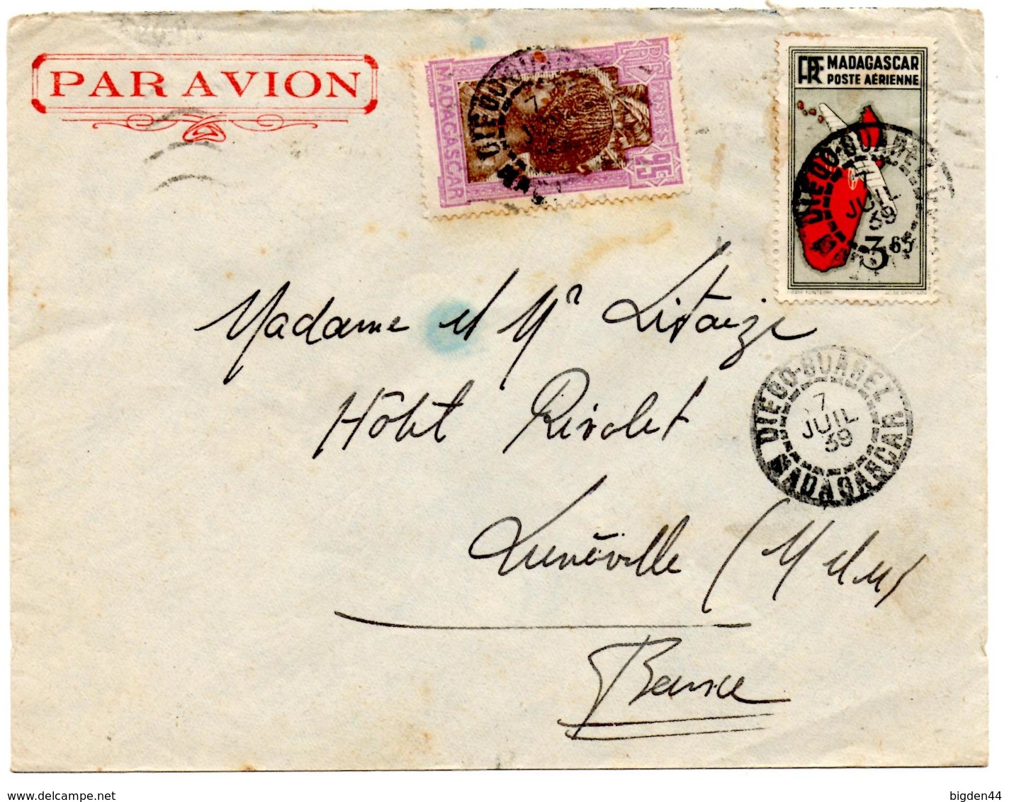 Lettre Par Avion De Diego Suarez (7.07.1939) Pour Lunevile - Lettres & Documents