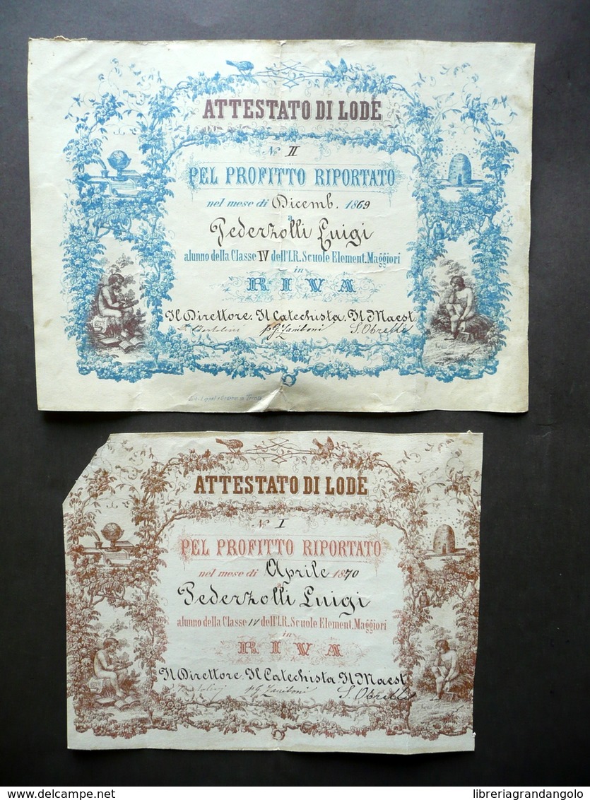 Due Attestati Di Lode Classe IV Elementare Riva Del Garda Lit. Lippel 1869-70 - Non Classificati