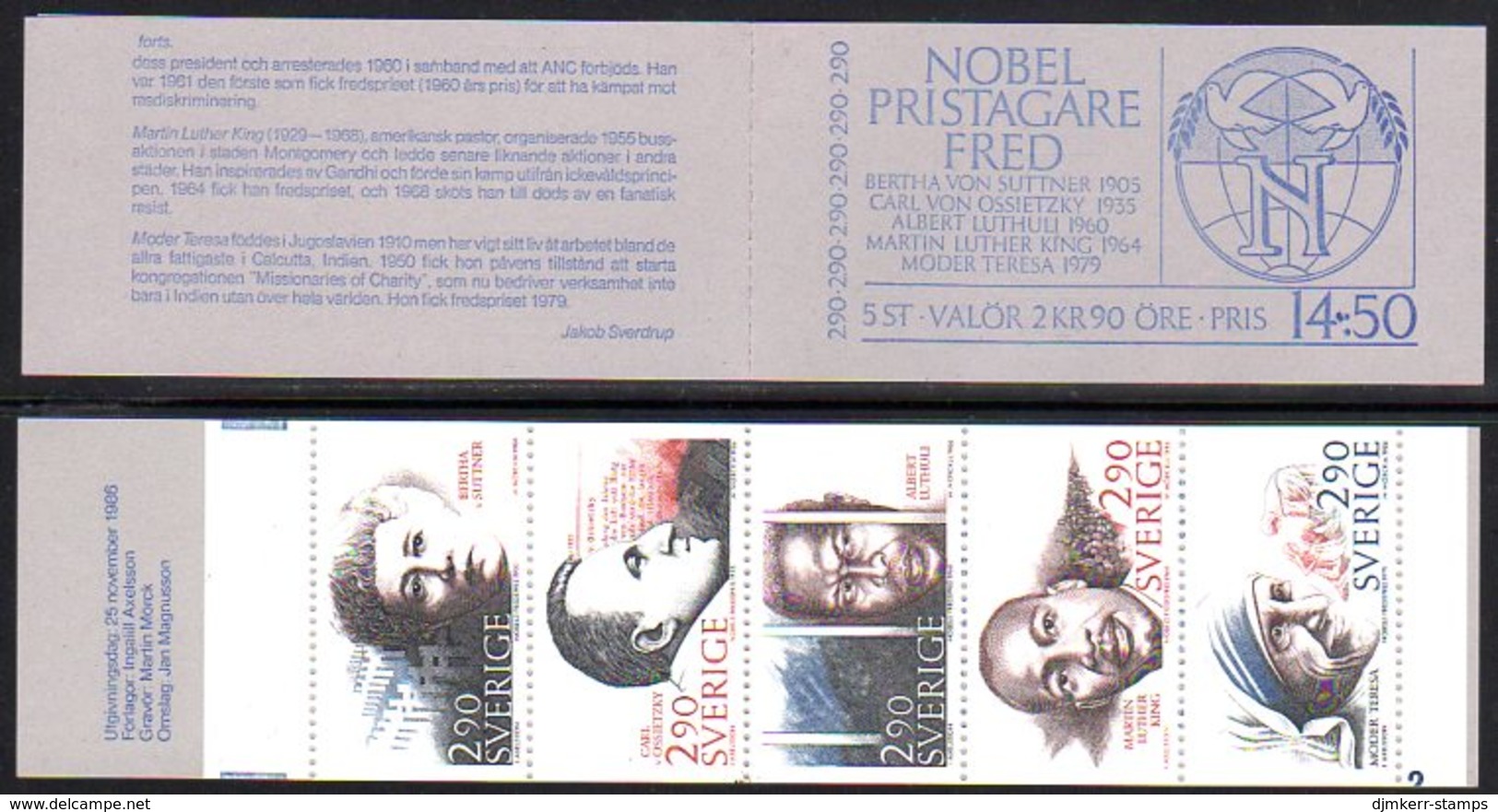 SWEDEN 1986 Nobel Peace Prize Booklet MNH / **.  Michel MH118 - 1981-..