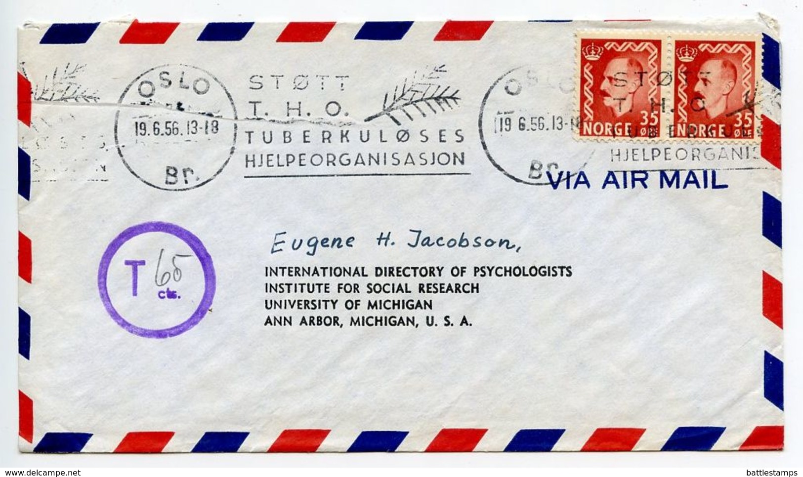 Norway 1956 Airmail Cover Oslo To Ann Arbor MI, Postage Due Markings - Covers & Documents