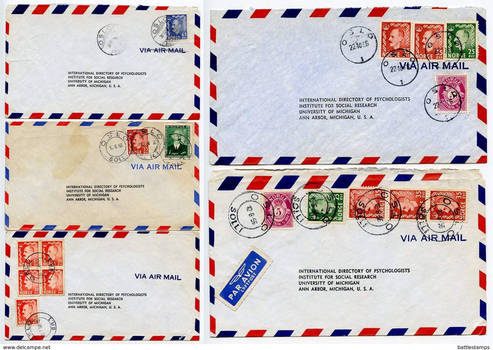 Norway 1950‘s 5 Airmail Covers Oslo To U.S., Mix Of CDS Postmarks & Stamps - Covers & Documents