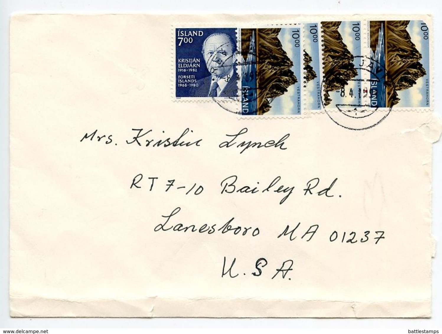 Iceland 1991 Cover Reykjavik To Lanesboro MA, Scott 585 & 728 X 4 - Storia Postale