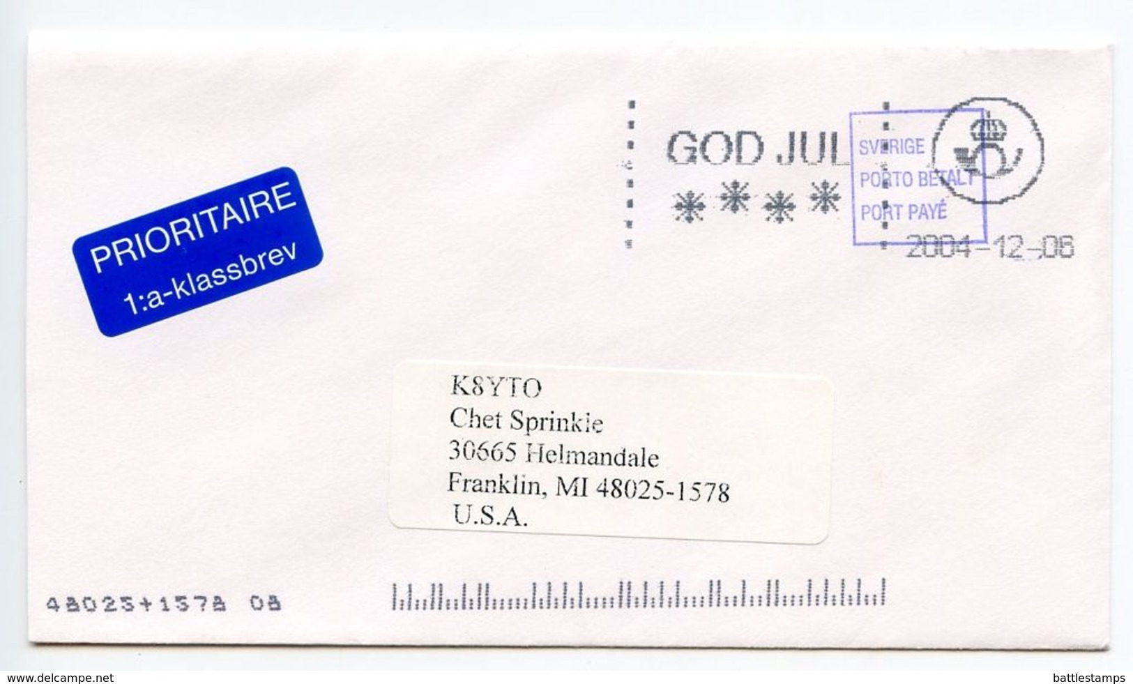 Sweden 2004 Postage Paid Cover To Franklin Michigan, K8YTO (ham Radio) - Covers & Documents