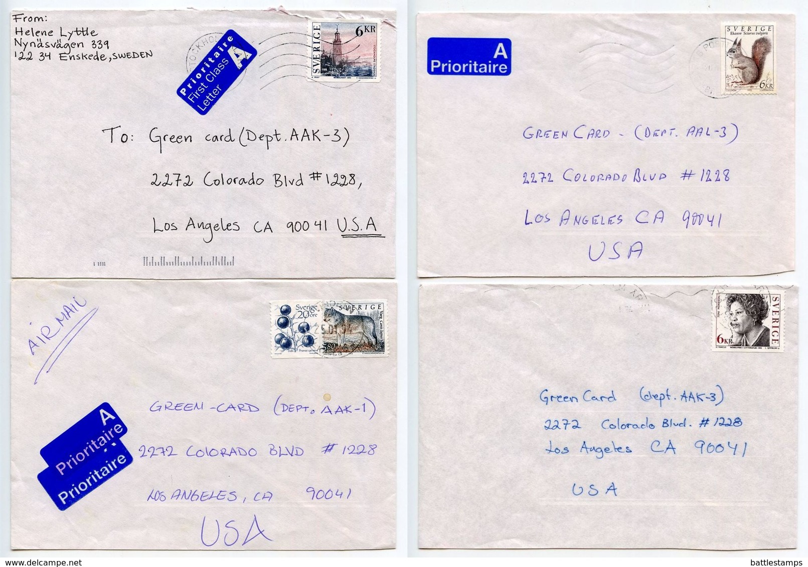 Sweden 1990‘s 5 Covers To Los Angles California, Mix Of Stamps - Covers & Documents