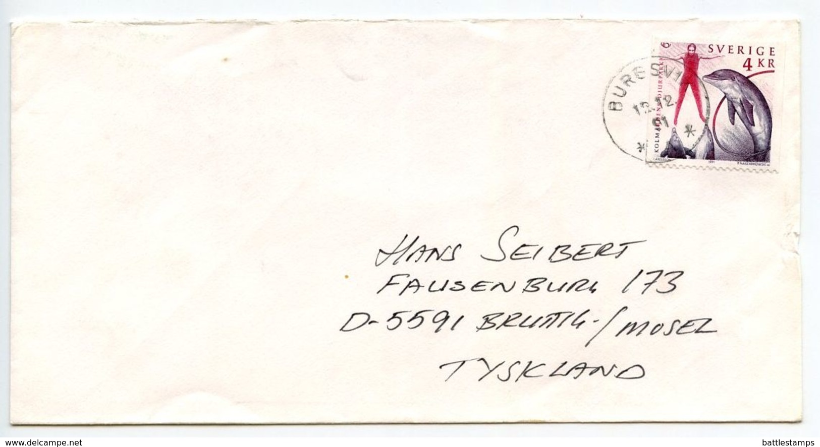 Sweden 1991 Cover Burgsvik To Bruttig-Mosel Germany, Scott 1888 Dolphin Show - Covers & Documents